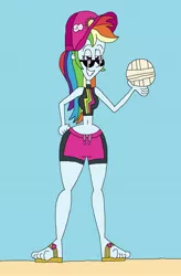 Size: 1505x2289 | Tagged: safe, artist:hunterxcolleen, derpibooru import, rainbow dash, equestria girls, ball, belly button, bikini, clothes, feet, hat, sandals, shorts, sports, sunglasses, swimming trunks, swimsuit, volleyball