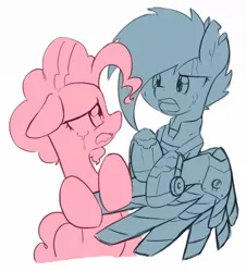 Size: 1083x1200 | Tagged: safe, artist:akainu_pony, derpibooru import, pinkie pie, rainbow dash, pony, alternate timeline, amputee, apocalypse dash, augmented, colored sketch, crying, crystal war timeline, female, mare, prosthetic limb, prosthetic wing, prosthetics, simple background