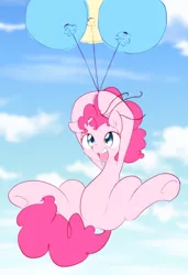 Size: 1334x1954 | Tagged: safe, artist:akainu_pony, derpibooru import, pinkie pie, pony, balloon, cloud, cute, diapinkes, female, floating, mare, open mouth, sky, smiling, solo, then watch her balloons lift her up to the sky, underhoof