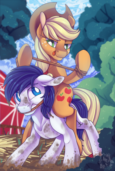 Size: 897x1329 | Tagged: safe, artist:breioom, derpibooru import, applejack, oc, oc:constance everheart, earth pony, pony, barn, bondage, canon x oc, everjack, female, male, mud, muddy, ponies riding ponies, riding, rope, rope bondage, shipping, straight, sweet apple acres, tongue out