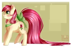 Size: 1500x1000 | Tagged: safe, artist:prjanik, derpibooru import, roseluck, earth pony, pony, blushing, bow, collar, cute, digital art, female, long tail, mare, pet tag, pony pet, profile, raised hoof, rosepet, solo, standing, tail bow