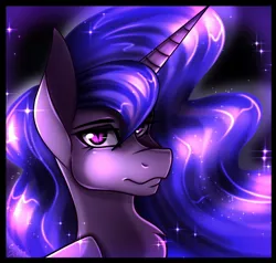 Size: 700x666 | Tagged: safe, artist:derpsonhooves, derpibooru import, part of a set, oc, oc:lacunae, unofficial characters only, alicorn, pony, fallout equestria, fallout equestria: project horizons, fanfic, abstract background, alicorn oc, artificial alicorn, bust, fanfic art, female, horn, mare, purple alicorn (fo:e), slit eyes, solo, wings