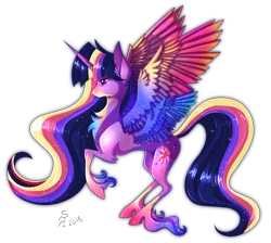 Size: 2212x1983 | Tagged: safe, artist:derpsonhooves, derpibooru import, twilight sparkle, twilight sparkle (alicorn), alicorn, pony, ethereal mane, female, mare, rainbow power, rearing, simple background, solo, starry mane, transparent background, unshorn fetlocks