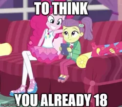 Size: 407x355 | Tagged: safe, derpibooru import, edit, edited screencap, screencap, lily pad (equestria girls), pinkie pie, equestria girls, equestria girls series, pinkie sitting, caption, creepy, creepy smile, doll, duo, duo female, female, forced meme, meme, smiling, toy, young