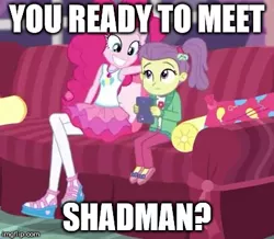 Size: 407x355 | Tagged: safe, derpibooru import, edit, edited screencap, screencap, lily pad (equestria girls), pinkie pie, equestria girls, equestria girls series, pinkie sitting, caption, clothes, creepy, creepy smile, doll, duo, duo female, female, i need an adult, shadman, skirt, smiling, toy, young