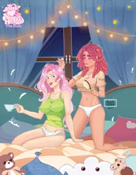 Size: 2625x3375 | Tagged: artist:feekteev, art pack:my little sweetheart, art pack:my little sweetheart: the finale, barefoot, bed, belly button, breasts, busty fluttershy, busty tree hugger, clothes, cup, derpibooru import, duo, duo female, erect nipples, feet, female, flower, flower in hair, fluttershy, food, hairbrush, human, humanized, kneeling, my little sweetheart, night, nipple outline, open mouth, panties, plushie, sexy, shirt, sitting, smiling, stupid sexy fluttershy, stupid sexy tree hugger, suggestive, tea, teacup, tree hugger, underwear, white panties, white underwear, window