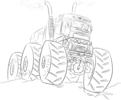 Size: 2404x1984 | Tagged: safe, artist:orang111, derpibooru import, oc, oc:lynn, unofficial characters only, pony, monochrome, monster truck, simple background, sketch, smiling, solo, volvo, volvo fh, white background