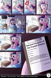 Size: 1040x1600 | Tagged: artist:whitelie, bandage, bed, blood, comic, comic:party of one:the tragedy of the crystal empire, curtains, derpibooru import, exclamation point, hospital, interrobang, pillow, princess cadance, question mark, safe, screen, sleeping, table, translation, window, zzz