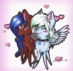 Size: 1024x992 | Tagged: safe, artist:scootiegp, derpibooru import, oc, unofficial characters only, pegasus, pony, bandana, blushing, candy, chest fluff, chibi, choker, ear piercing, earring, eyes closed, female, fluffy, food, heart, jewelry, lollipop, looking at you, male, mare, necklace, pentagram, piercing, shawl, signature, simple background, stallion, standing, traditional art