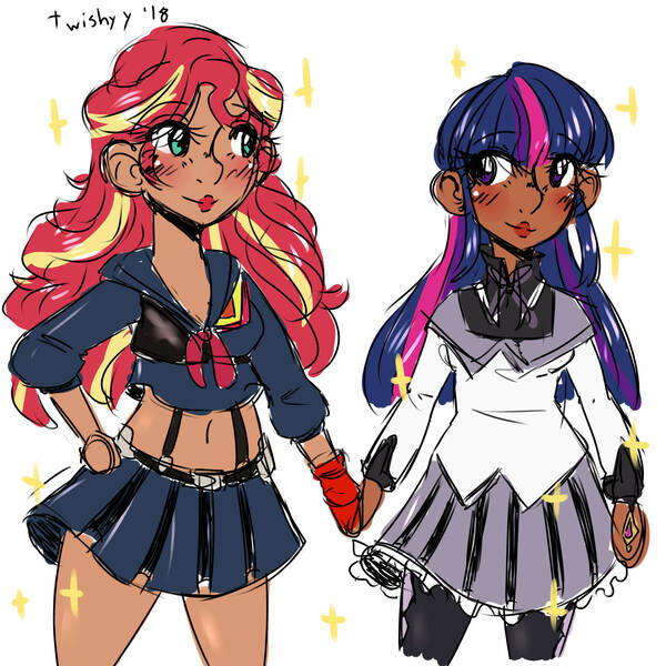 Size: 3150x3150 | Tagged: safe, artist:mylittleyuri, derpibooru import, sunset shimmer, twilight sparkle, human, ami koshimizu, clothes, cosplay, costume, crossover, dark skin, digital art, female, homura akemi, humanized, kill la kill, lesbian, magical girl, paint tool sai, puella magi madoka magica, ryuko matoi, shipping, sunsetsparkle, voice actor joke