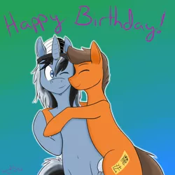 Size: 1500x1500 | Tagged: safe, artist:darnelg, derpibooru import, oc, oc:scroll scribe, oc:taylorpone, unofficial characters only, unicorn, happy birthday, hug