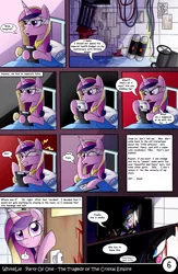 Size: 1040x1600 | Tagged: artist:whitelie, bandage, bed, blood, chair, comic, comic:party of one:the tragedy of the crystal empire, derpibooru import, door, headache, princess cadance, safe, translation