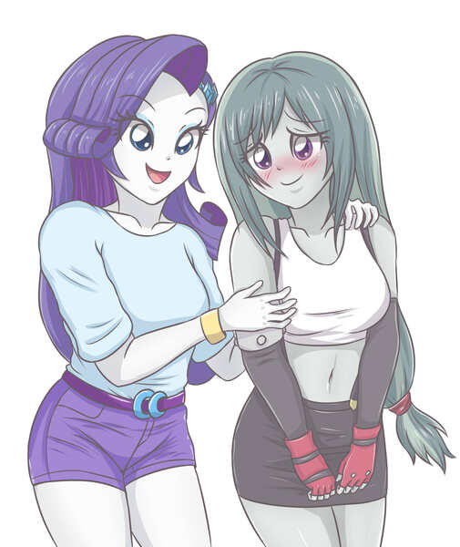 Size: 2952x3507 | Tagged: safe, artist:sumin6301, derpibooru import, marble pie, rarity, equestria girls, belly button, belt, blushing, breasts, busty marble pie, clothes, colored pupils, cosplay, costume, cute, duo, equestria girls-ified, female, final fantasy, final fantasy vii, fingerless gloves, gloves, leather, leather skirt, midriff, miniskirt, moe, shorts, shy, shy smile, simple background, skirt, skirt pull, smiling, suspenders, tanktop, tifa lockhart, white background