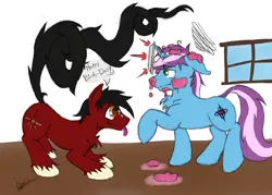 Size: 3254x2329 | Tagged: safe, artist:gyrotech, artist:kassc, color edit, deleted from derpibooru, derpibooru import, edit, oc, oc:gyro tech, oc:losian, unofficial characters only, pony, unicorn, cake, colored, food, traditional art