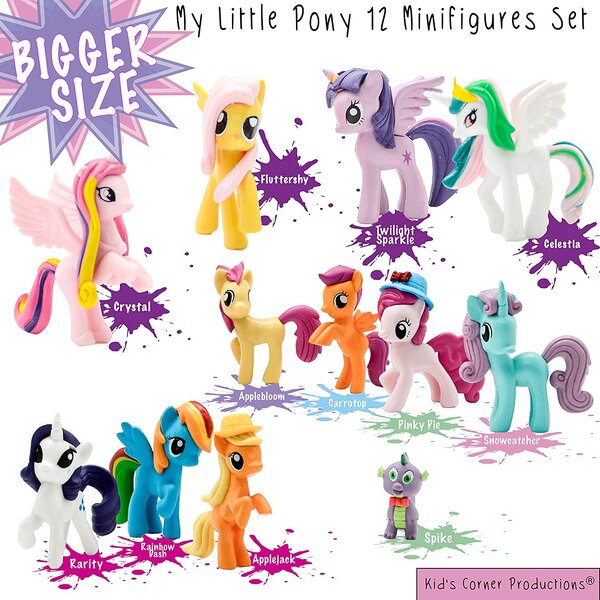 Size: 1500x1500 | Tagged: safe, derpibooru import, apple bloom, applejack, fluttershy, pinkie pie, princess cadance, rainbow dash, rarity, scootaloo, snowcatcher, spike, twilight sparkle, twilight sparkle (alicorn), alicorn, dragon, earth pony, pegasus, pony, unicorn, bootleg, bowtie, female, hat, male, mane seven, mane six, mare, merchandise, mislabel, missing accessory, missing cutie mark, nightmare fuel, simple background, toy, wat, white background, wrong name