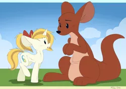 Size: 4265x3000 | Tagged: safe, artist:mistydash, derpibooru import, oc, oc:misty dash, kangaroo, pony, unicorn, bow, cloud, crossover, cute, disney, female, hair bow, kanga, mare, plushie, sentient plushie, sky, winnie the pooh