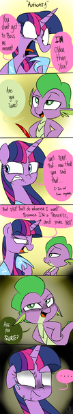 Size: 500x2814 | Tagged: safe, artist:emositecc, derpibooru import, spike, twilight sparkle, twilight sparkle (alicorn), alicorn, dragon, pony, comic:sparkle, alternate eye color, alternate universe, comic, dialogue, female, horn, mare, nervous, speech bubble