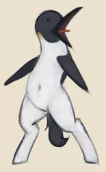 Size: 588x950 | Tagged: safe, artist:marsminer, derpibooru import, oc, unofficial characters only, emperor penguin, hybrid, penguin, belly button, bipedal, not salmon, open mouth, penguin pony, simple background, solo, tan background, tongue out, wat
