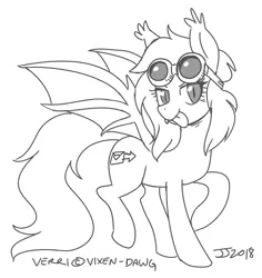 Size: 900x952 | Tagged: safe, artist:johnjoseco, derpibooru import, oc, oc:verri, unofficial characters only, bat pony, pony, bat pony oc, fangs, female, goggles, grayscale, mare, monochrome, simple background, sketch, slit eyes, smiling, solo, tongue out, white background