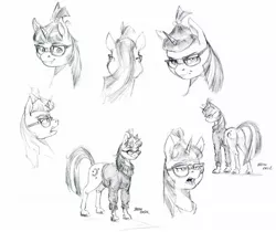 Size: 1500x1257 | Tagged: safe, artist:baron engel, derpibooru import, moondancer, pony, unicorn, clothes, female, glasses, grayscale, looking at you, mare, monochrome, pencil drawing, simple background, sketch, smiling, solo, sweater, traditional art, turtleneck, white background