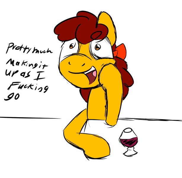 Size: 1297x1265 | Tagged: alcohol, artist:folklorse, bow, derpibooru import, dialogue, expression practice, femboy, hair bow, hoof on cheek, male, oc, oc:khakislacks, safe, sitting, sketch, stallion, talking, unofficial characters only, vulgar, wine