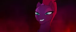 Size: 1920x804 | Tagged: safe, derpibooru import, screencap, tempest shadow, unicorn, my little pony: the movie, broken horn, bust, evil grin, eye scar, female, grin, happy, looking down, scar, smiling, smug, smugest shadow, solo
