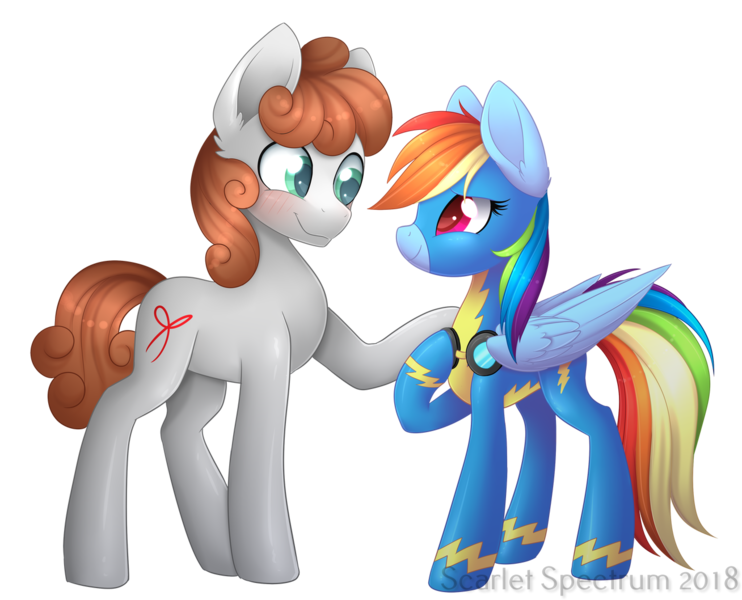 Size: 1308x1058 | Tagged: safe, artist:scarlet-spectrum, derpibooru import, rainbow dash, oc, oc:dreamer, earth pony, pegasus, pony, blushing, canon x oc, clothes, female, goggles, height difference, looking at each other, mare, multicolored hair, rainmer, raised hoof, simple background, smiling, transparent background, uniform, wonderbolts uniform