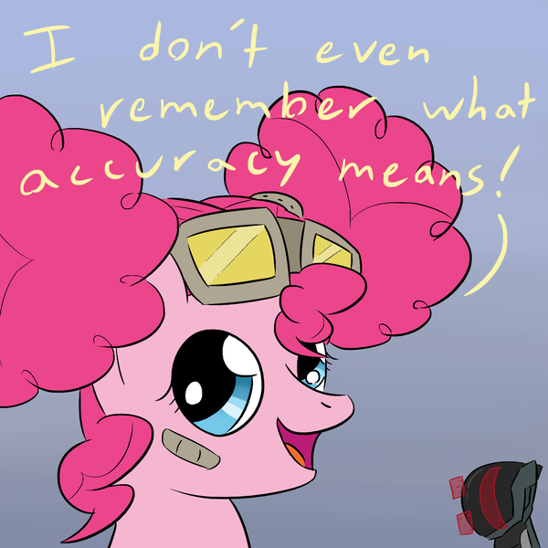 Size: 1280x1280 | Tagged: safe, artist:phat_guy, derpibooru import, pinkie pie, earth pony, pony, :c, accessories, borderlands, borderlands 2, bust, clothes, dialogue, english, female, frown, gaige, goggles, gradient background, looking up, mare, mechromancer, open mouth, patch, pinkie puffs, plaster, portrait, ribbon, solo, talking, zer0