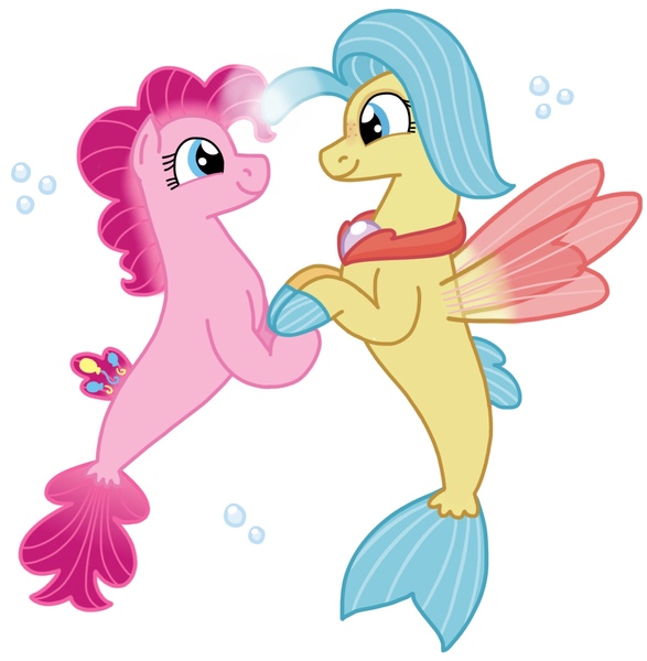 Size: 1502x1536 | Tagged: safe, artist:kindheart525, derpibooru import, pinkie pie, princess skystar, seapony (g4), my little pony: the movie, female, lesbian, looking at each other, seaponified, seapony pinkie pie, shipping, simple background, skypie, species swap, white background