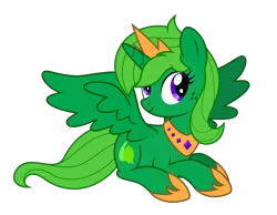 Size: 1547x1200 | Tagged: alicorn, alicorn oc, artist:limedreaming, artist:musicfirewind, crown, derpibooru import, freckles, green fur, horn, jewelry, looking at you, oc, oc:lime dream, purple eyes, regalia, safe, simple background, sitting, spread wings, transparent background, unofficial characters only, wings