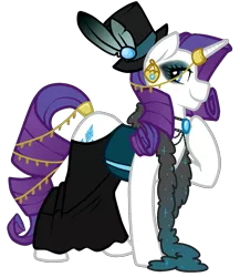 Size: 1292x1487 | Tagged: safe, artist:/d/non, derpibooru import, rarity, pony, unicorn, cabaret goth, ear piercing, earring, eyelashes, eyeshadow, feather, feather boa, female, goth, gothity, hat, horn ring, jewel, jewelry, lidded eyes, makeup, mare, necklace, piercing, simple background, tail ring, top hat, transparent background