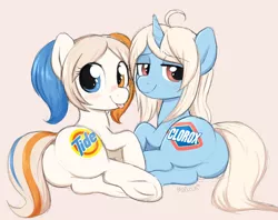 Size: 3390x2683 | Tagged: suggestive, artist:moozua, derpibooru import, oc, oc:bleachy, oc:tide, ponified, unofficial characters only, earth pony, pony, unicorn, :p, bedroom eyes, bleach, blushing, clorox, cute, featureless crotch, female, frog (hoof), heterochromia, lidded eyes, looking at you, looking back, looking back at you, mare, plot, plot pair, raised tail, side, silly, simple background, smiling, tail, the ass was fat, tide, tide pods, tide pony, tongue out, underhoof, white background