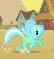 Size: 218x235 | Tagged: safe, derpibooru import, screencap, lyra heartstrings, earth pony, pony, over a barrel, appleloosa, background pony, bonnet, cropped, female, mare, running, solo