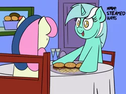 Size: 1280x962 | Tagged: safe, artist:ashtoneer, derpibooru import, bon bon, lyra heartstrings, sweetie drops, earth pony, pony, unicorn, burger, duo, food, hamburger, meme, parody, ponies eating meat, steamed hams, the simpsons