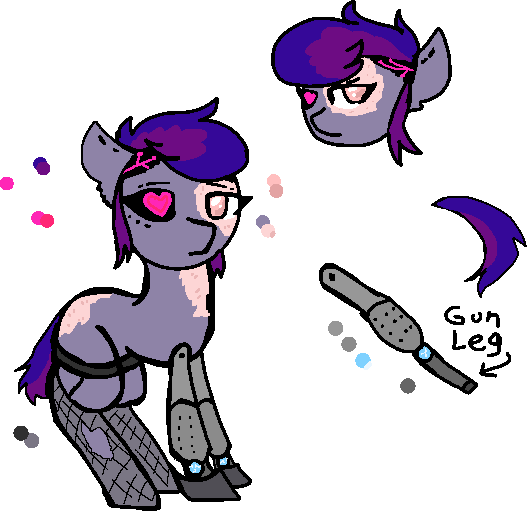 Size: 527x511 | Tagged: amputee, artist:nootaz, augmented, cyberpunk, derpibooru import, gun, gun arm, oc, oc:electric heartbeat, prosthetic leg, prosthetic limb, prosthetics, reference sheet, safe, stripper, unofficial characters only