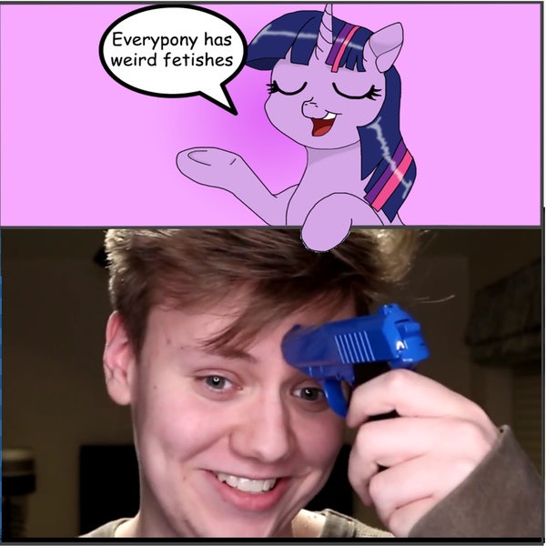 Size: 2014x2014 | Tagged: safe, artist:usattesa, derpibooru import, edit, twilight sparkle, alicorn, human, pony, 2 panel comic, comic, dialogue, everypony has weird fetishes, eyes closed, female, image macro, imminent suicide, implied suicide, irl, irl human, k, mare, meme, photo, pyrocynical, toy gun