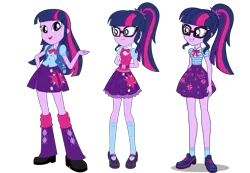 Size: 1662x1151 | Tagged: safe, artist:aqua-pony, artist:seahawk270, artist:sugar-loop, derpibooru import, sci-twi, twilight sparkle, twilight sparkle (alicorn), alicorn, a fine line, equestria girls, equestria girls series, spoiler:eqg specials, adorkable, arm behind back, backpack, belt, bowtie, clothes, comparison, cute, dork, eqg promo pose set, female, geode of telekinesis, glasses, leg warmers, long hair, magical geodes, mary janes, open mouth, pleated skirt, ponytail, shoes, simple background, skirt, smiling, socks, standing, threelight sparkles, transparent background, trilight, trio, twiabetes, twolight, vector