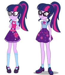 Size: 1002x1150 | Tagged: safe, artist:aqua-pony, artist:seahawk270, derpibooru import, sci-twi, twilight sparkle, a fine line, equestria girls, equestria girls series, spoiler:eqg specials, adorkable, arm behind back, belt, bowtie, clothes, comparison, cute, dork, female, geode of telekinesis, glasses, magical geodes, mary janes, ponytail, shoes, simple background, skirt, smiling, socks, solo, standing, transparent background, twiabetes, vector