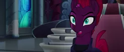Size: 1920x804 | Tagged: armor, broken horn, canterlot castle, cracked horn, derpibooru import, displeased, eye scar, female, mare, my little pony: the movie, raised eyebrow, safe, scar, screencap, snapping, solo, stained glass, tempest shadow, throne room, yelling