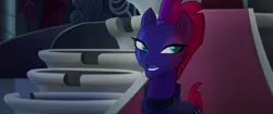 Size: 1920x804 | Tagged: armor, broken horn, derpibooru import, eye scar, gesture, head tilt, my little pony: the movie, safe, scar, screencap, solo, tempest shadow, throne room