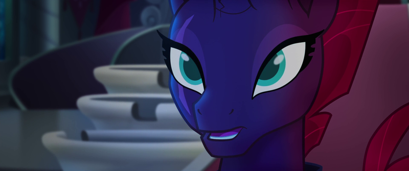 Size: 1920x804 | Tagged: safe, derpibooru import, screencap, tempest shadow, pony, my little pony: the movie, broken horn, eye scar, female, promise, scar, solo, throne room