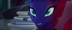 Size: 1920x804 | Tagged: safe, derpibooru import, screencap, tempest shadow, pony, my little pony: the movie, broken horn, eye scar, female, promise, scar, solo, throne room