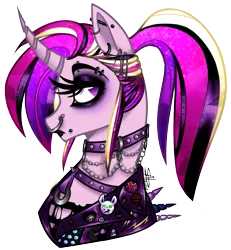 Size: 865x936 | Tagged: safe, artist:shimmering--sunlight, derpibooru import, princess cadance, pony, black lipstick, chains, collar, ear piercing, earring, eyebrow piercing, eyeshadow, female, jewelry, licorn, lipstick, makeup, mare, nose piercing, nose ring, piercing, ponytail, profile, punk, simple background, solo, transparent background