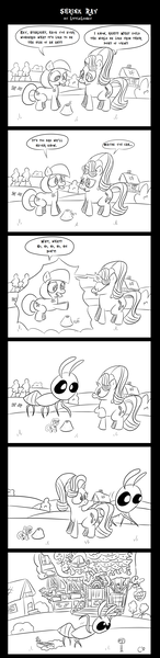 Size: 1168x4787 | Tagged: safe, artist:littlelooney, derpibooru import, starlight glimmer, oc, oc:moonbeam, ant, pony, unicorn, comic, dialogue, duo, magic, monochrome