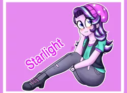 Size: 1024x749 | Tagged: safe, artist:girlunicorn, derpibooru import, starlight glimmer, equestria girls, mirror magic, spoiler:eqg specials, beanie, blushing, cute, female, glimmerbetes, hat, pink background, simple background, sitting, solo