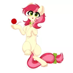 Size: 1600x1600 | Tagged: safe, artist:ai, derpibooru import, roseluck, earth pony, pony, behaving like a cat, blushing, bow, chest fluff, collar, cute, ear fluff, female, fluffy, hoof fluff, lying, lying down, mare, on back, pet tag, pony pet, rosepet, simple background, solo, tail bow, tongue out, unshorn fetlocks, white background, yarn, yarn ball