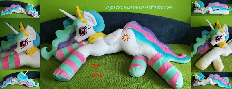 Size: 1600x615 | Tagged: safe, artist:agatrix, derpibooru import, princess celestia, alicorn, pony, clothes, female, irl, jewelry, mare, photo, plushie, prone, regalia, socks, solo, striped socks