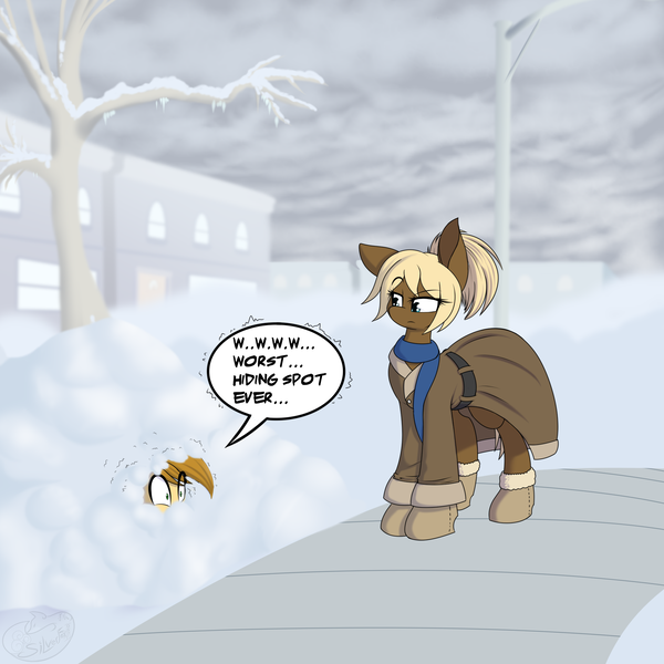 Size: 2000x2000 | Tagged: safe, artist:silverfox057, derpibooru import, oc, oc:silverblaze, oc:twix, unofficial characters only, earth pony, pony, boots, building, clothes, coat, cold, dialogue, female, freezing, lamppost, male, mare, scarf, shivering, shoes, snow, speech bubble, stallion, tree