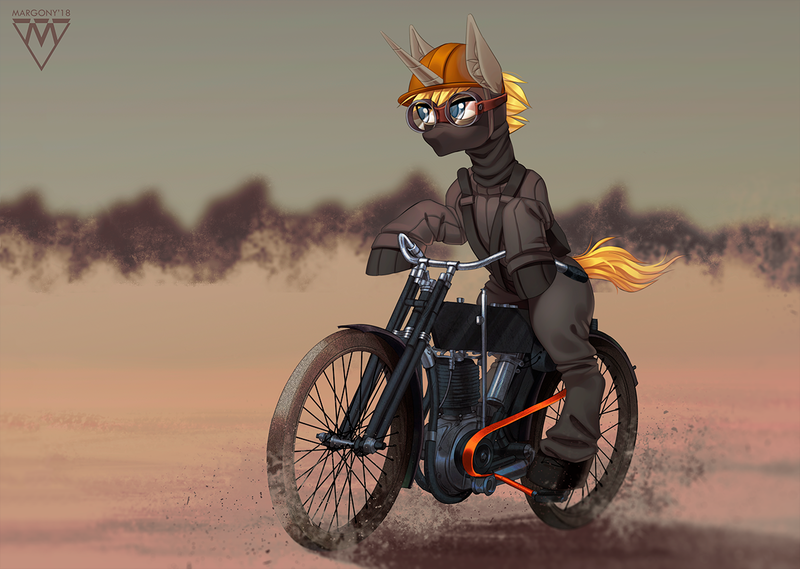 Size: 1265x900 | Tagged: safe, artist:margony, derpibooru import, oc, unofficial characters only, pony, unicorn, bipedal, commission, desert, goggles, helmet, male, motorcycle, solo, stallion