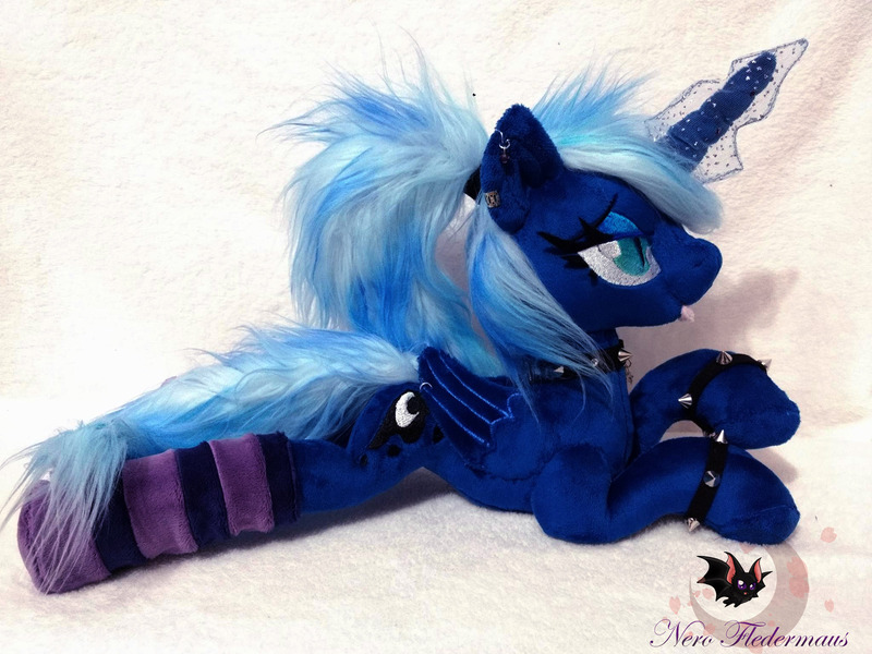 Size: 2048x1536 | Tagged: safe, artist:legadema, derpibooru import, princess luna, alicorn, pony, choker, clothes, ear piercing, earring, fangs, female, folded wings, goth, irl, jewelry, lidded eyes, mare, missing accessory, photo, piercing, plushie, ponytail, prone, socks, solo, spiked choker, spiked wristband, striped socks, wing piercing, wristband